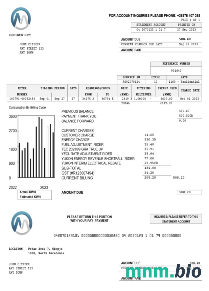 Macedonia MGI Energetika rachunek za media Word i PDF szablon